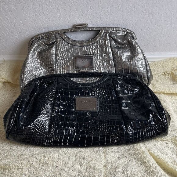 Lot of 2 Nicole‎ Miller Faux Exotic Leather Clutch Kiss Lock Black/silver - Picture 1 of 9
